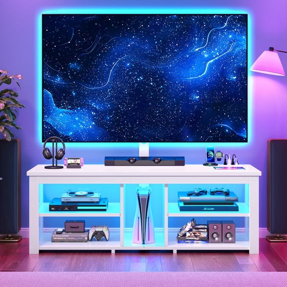 Romorgniz TV Stand with Mount & LED Lights for 70 inch TVs, Swivel Entertainment Center with Power Outlet, White