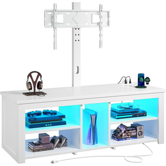 TV Stand with Mount and LED Lights Swivel TV Stand for 70 inch TV Modern Wood Entertainment Center with Power Outlet for Living Room, Bedroom, White