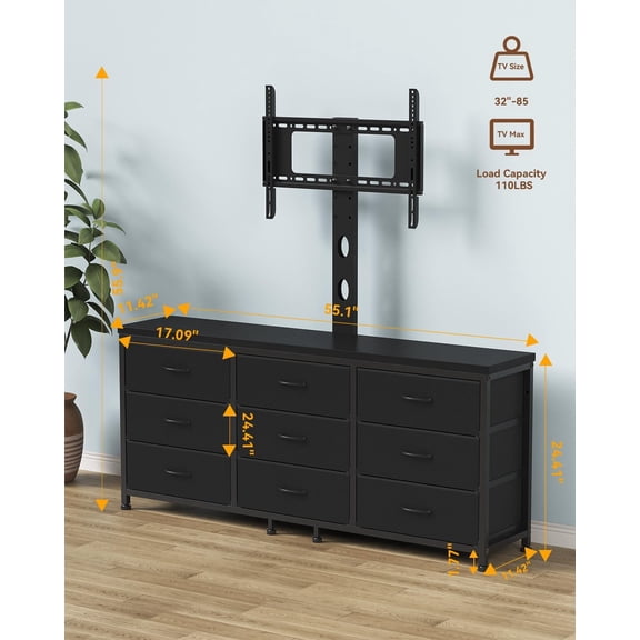 TV Stand with Mount for 32-85 Inch TVs, 9 Fabric Drawers Storage Dresser, Height Adjustable Media Console for Living Room Bedroom