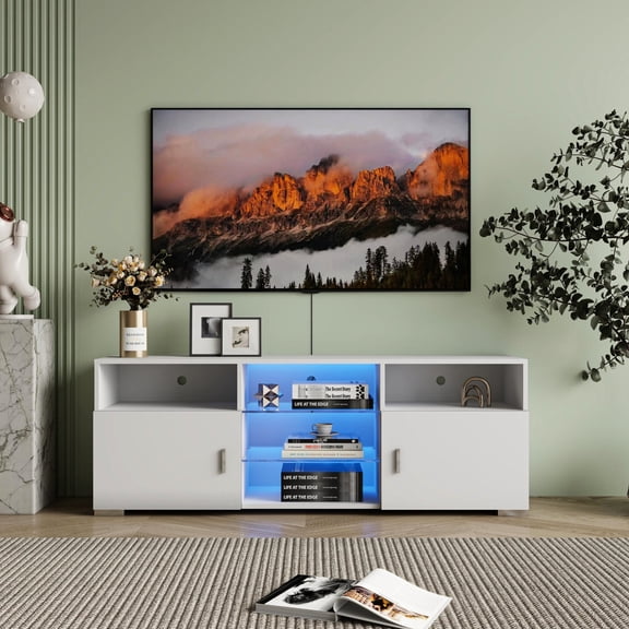 TV Stand with Open Glass Shelves and LED Lights / Showcase Collections Coolly in Home