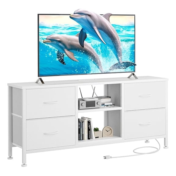 TV Stand with Power Outlet, 4 Drawer Media Console for 50 inch TV, White Entertainment Center