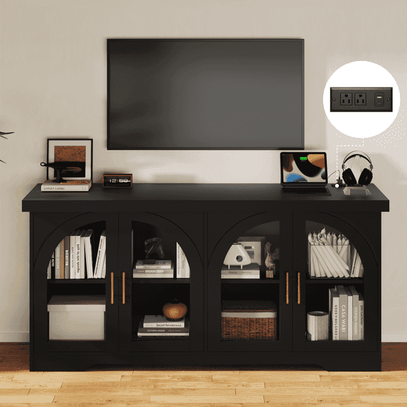 TV Stand with Power Outlet & LED Lights,63" Entertainment Center for TV up to 70 inch,TV Console with Adjustable Shelves & 2 Doors,Black