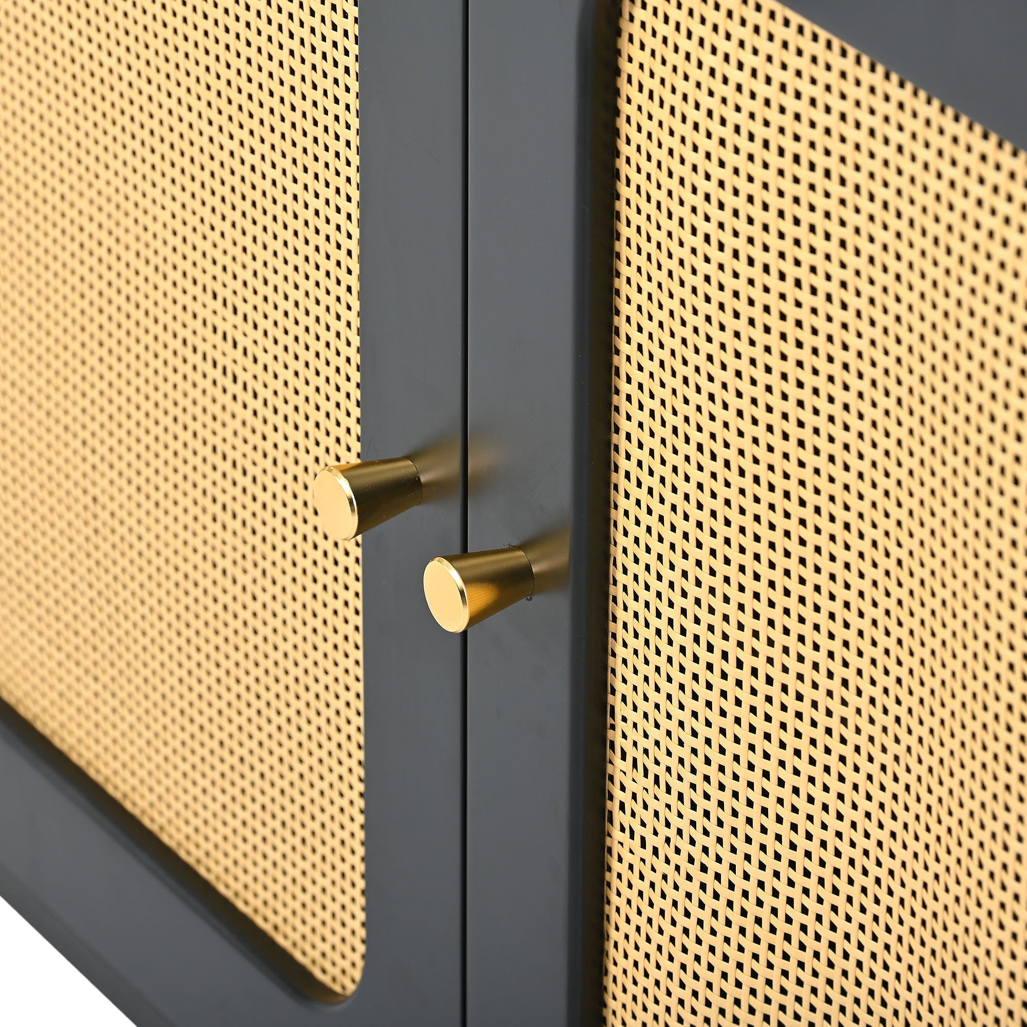 Black MDF TV Stand with Rattan Doors and Gold Accents