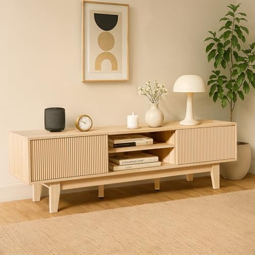 TV Stands for 55 60 65 inch TV, Oak Fluted TV Stand for Living Room ...