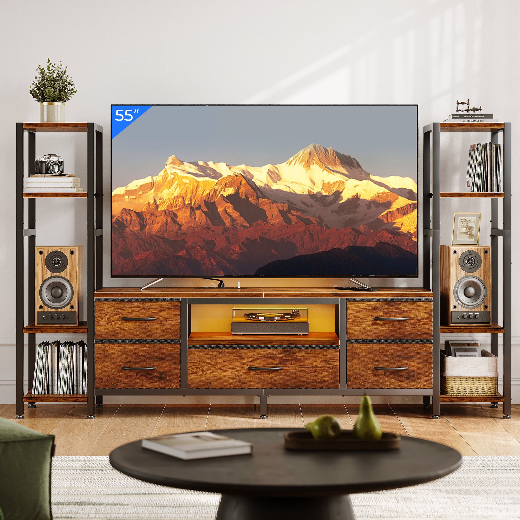 Casacomoda TV Stand for 40–50 Inch TV, Low-Profile Entertainment Center for Small Spaces with LED Lights & Power Outlets, Storage TV Stand with Drawers & Shelves, Vintage