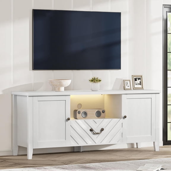 TV Stands for Living Room, White Entertainment Center with Led Lights, Television Stands for 65 in Tv, Long TV Console Table with 2 Storage and 1 Drawer, V-Shaped TV Table for Bedroom
