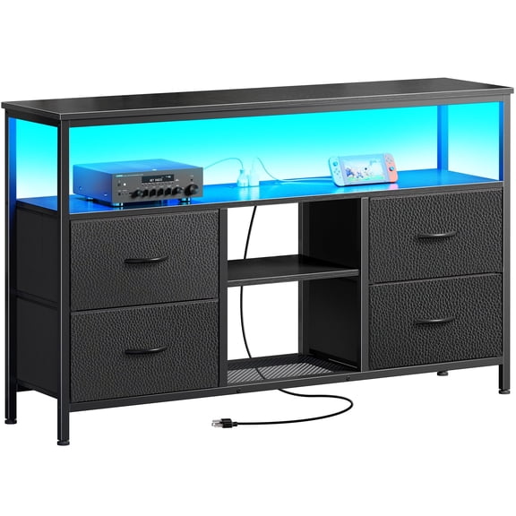 Amadwell TV Stand with Power Outlets & LED Lights, 4 Drawer Dresser Entertainment Center, Media Console with Open Shelf