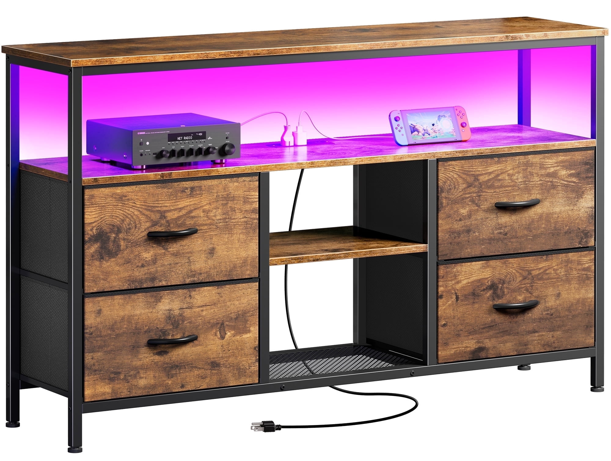 Amadwell TV Stand with Power Outlets & LED Lights, 4 Drawer Dresser Entertainment Center, Media Console with Open Shelf