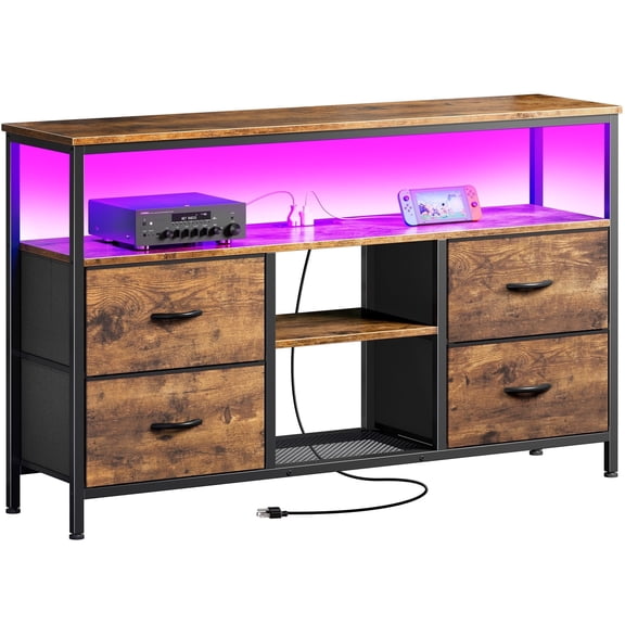 Amadwell TV Stand with Power Outlets & LED Lights, 4 Drawer Dresser Entertainment Center, Media Console with Open Shelf
