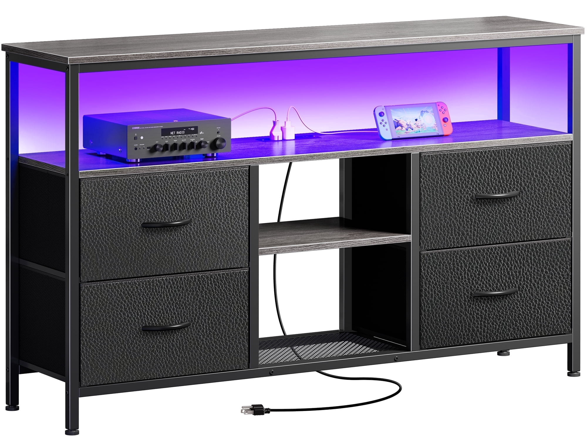 Amadwell TV Stand with Power Outlets & LED Lights, 4 Drawer Dresser Entertainment Center, Media Console with Open Shelf
