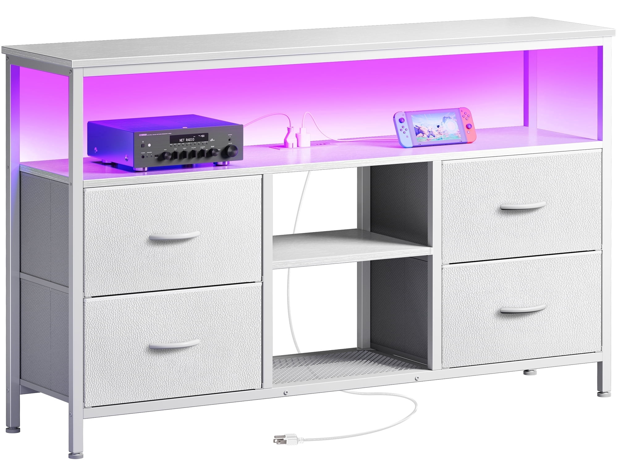 Amadwell TV Stand with Power Outlets & LED Lights, 4 Drawer Dresser Entertainment Center, Media Console with Open Shelf