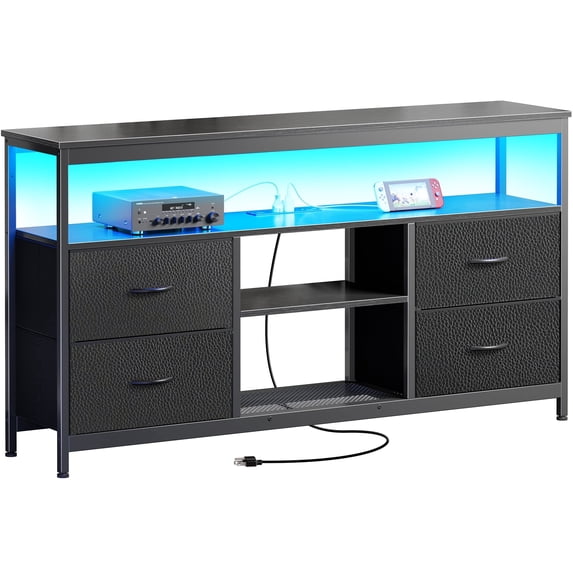 Amadwell TV Stand with Power Outlets & LED Lights, 4 Drawer Dresser Entertainment Center, Media Console with Open Shelf