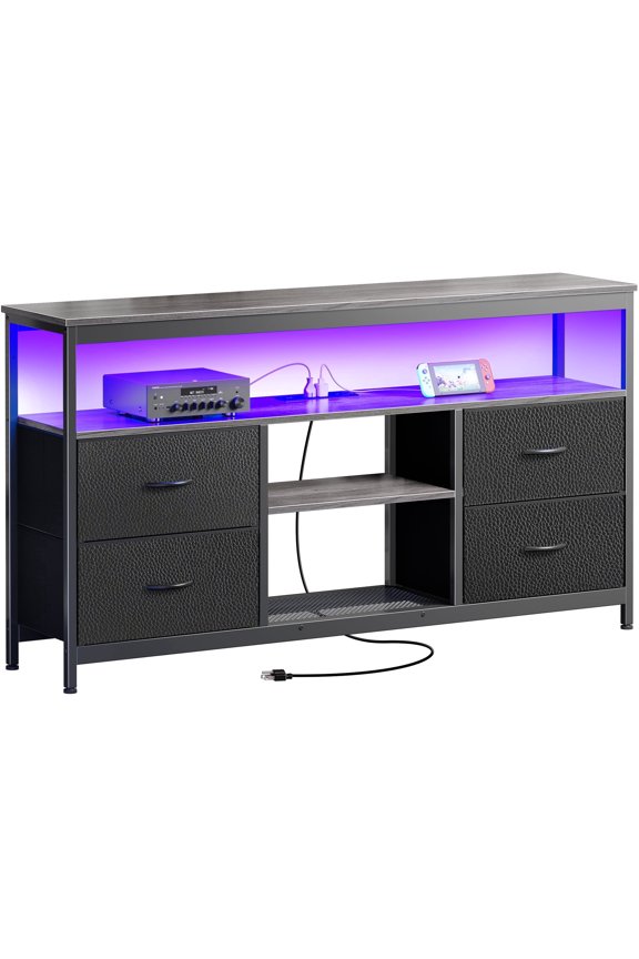 TV Stand with Power Outlets & LED Lights, 4 Drawer Dresser Entertainment Center, Media Console with Open Shelf