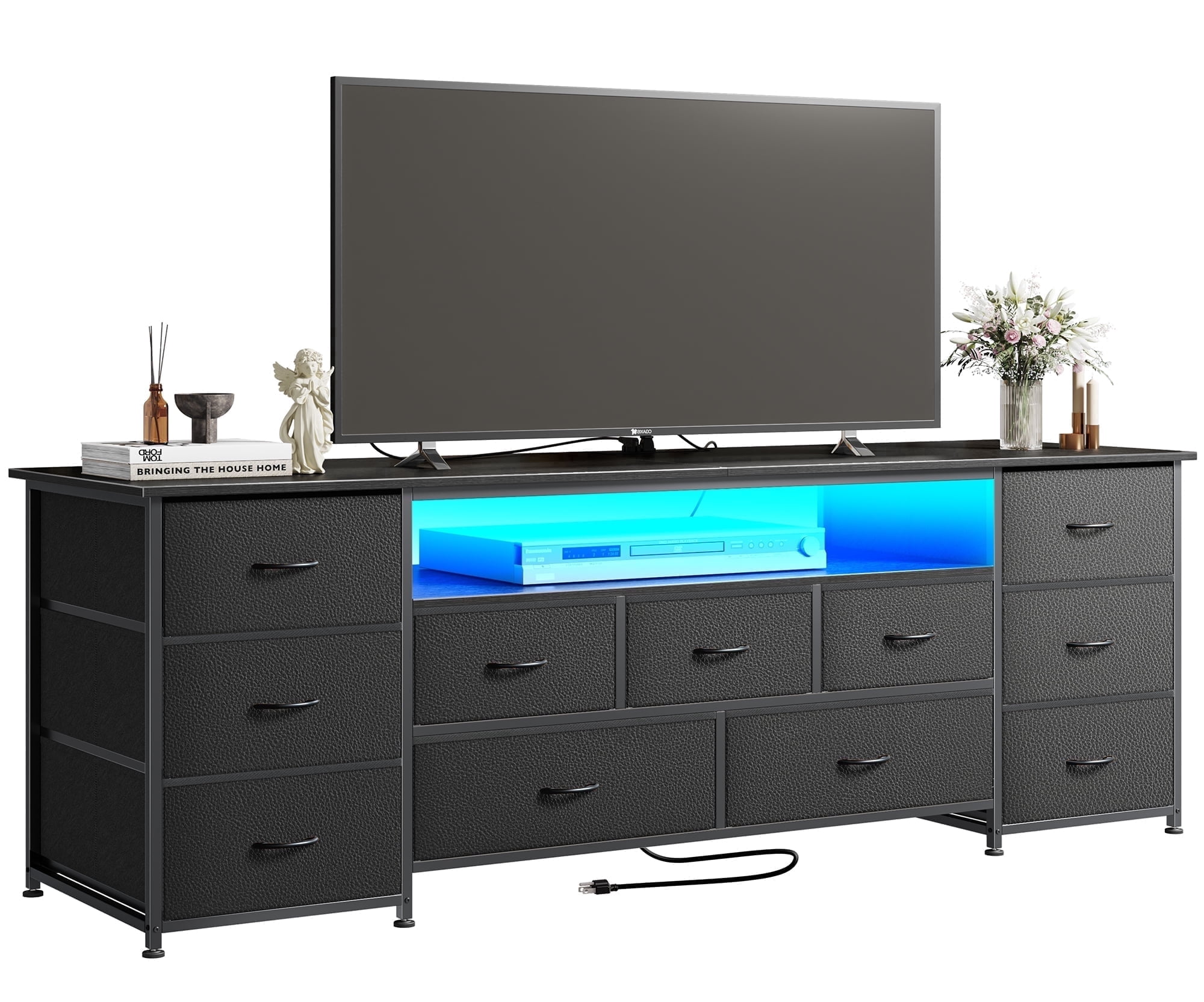 Amadwell Large TV Stand for 65, 70 Inch TVs, 11 Drawer Long Dresser with Power Outlets & LED Lights, 63 inch Entertainment Center