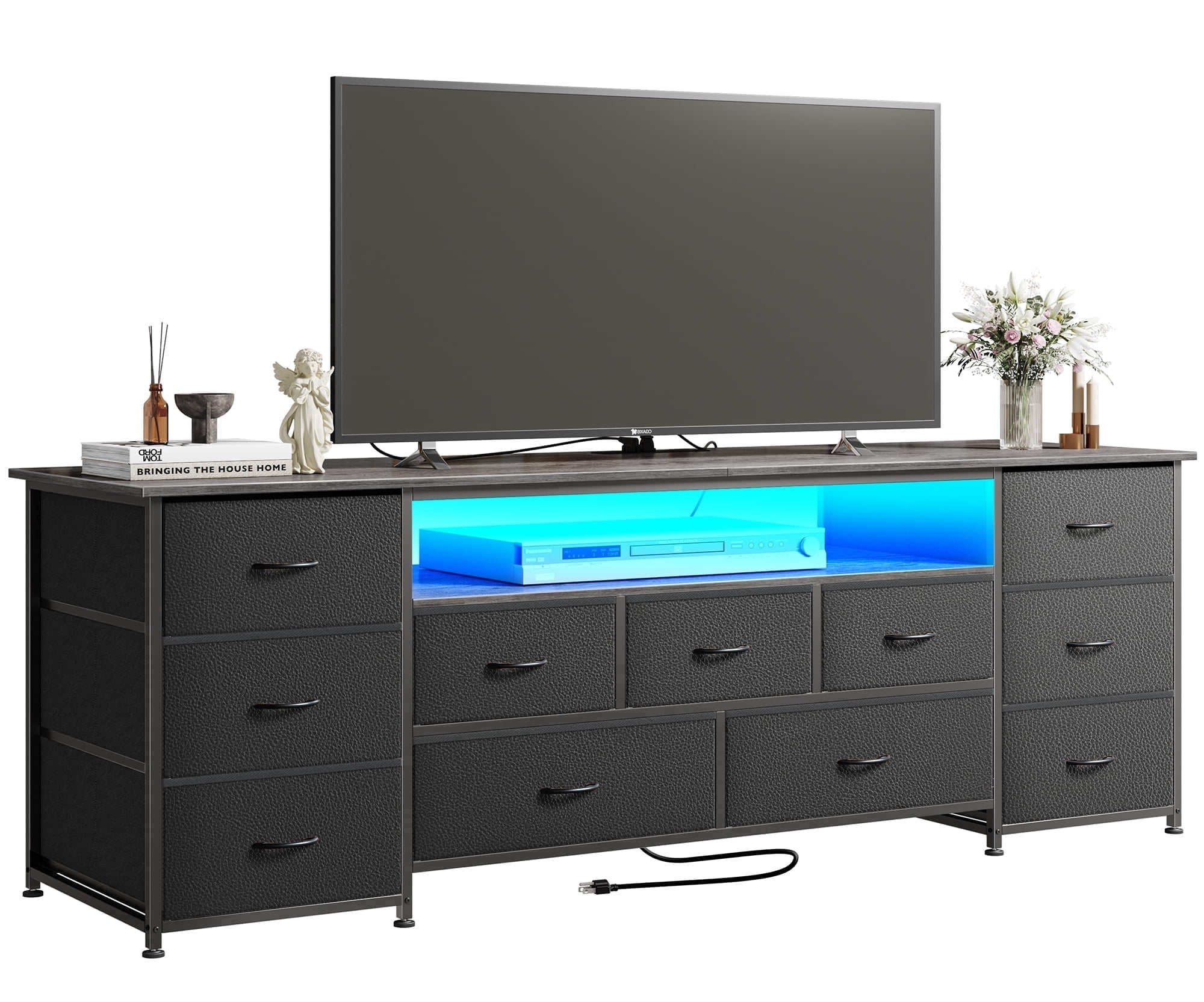 Amadwell Large TV Stand for 65, 70 Inch TVs, 11 Drawer Long Dresser with Power Outlets & LED Lights, 63 inch Entertainment Center