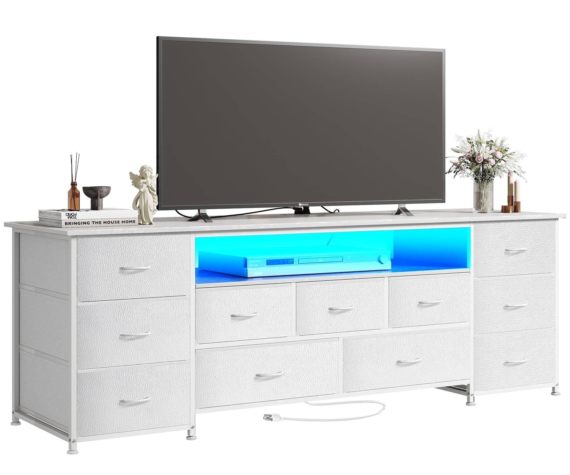 Amadwell Large TV Stand for 65, 70 Inch TVs, 11 Drawer Long Dresser with Power Outlets & LED Lights, 63 inch Entertainment Center