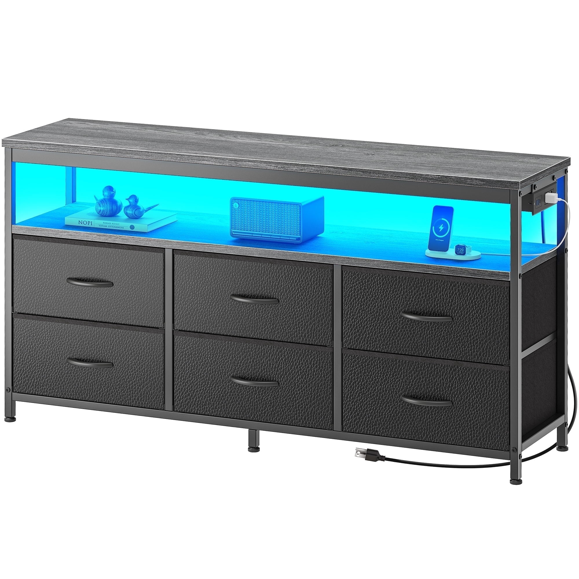 Amadwell 47 Inch LED TV Stand Dresser for 55 Inch TVs, 6 Drawer Entertainment Center with Power Outlets, Media Console with Storage