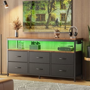 Amadwell LED TV Stand, 47 Inch Fabric Dresser with Built-in Power Outlets, Entertainment Center Supports TV Up to 55 Inches, 6 Drawer Storage Dresser for Bedroom Living Room, Rustic Brown