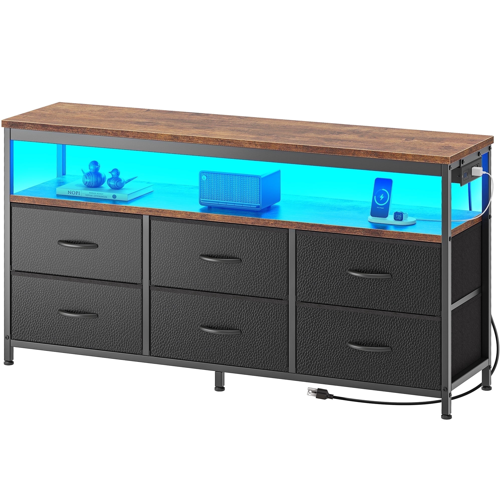 Amadwell 47 Inch LED TV Stand Dresser for 55 Inch TVs, 6 Drawer Entertainment Center with Power Outlets, Media Console with Storage