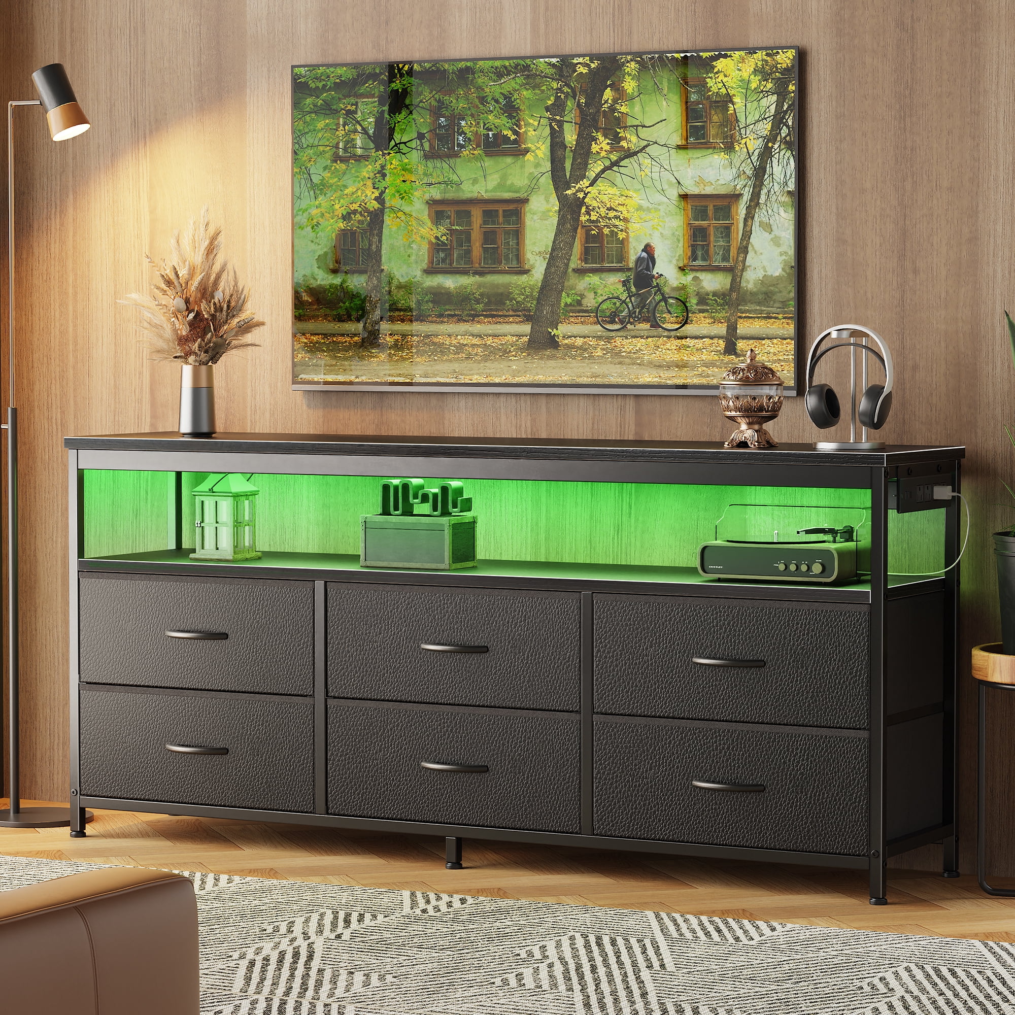 Amadwell 54 Inch LED TV Stand Dresser, Black, with Power Outlets ...
