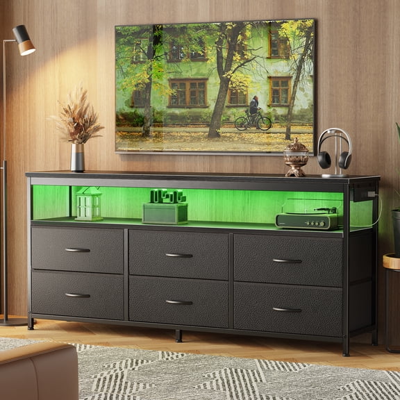 Amadwell 54 Inch LED TV Stand Dresser for 65 Inch TVs, 6 Drawer Entertainment Center with Power Outlets, Media Console with Storage