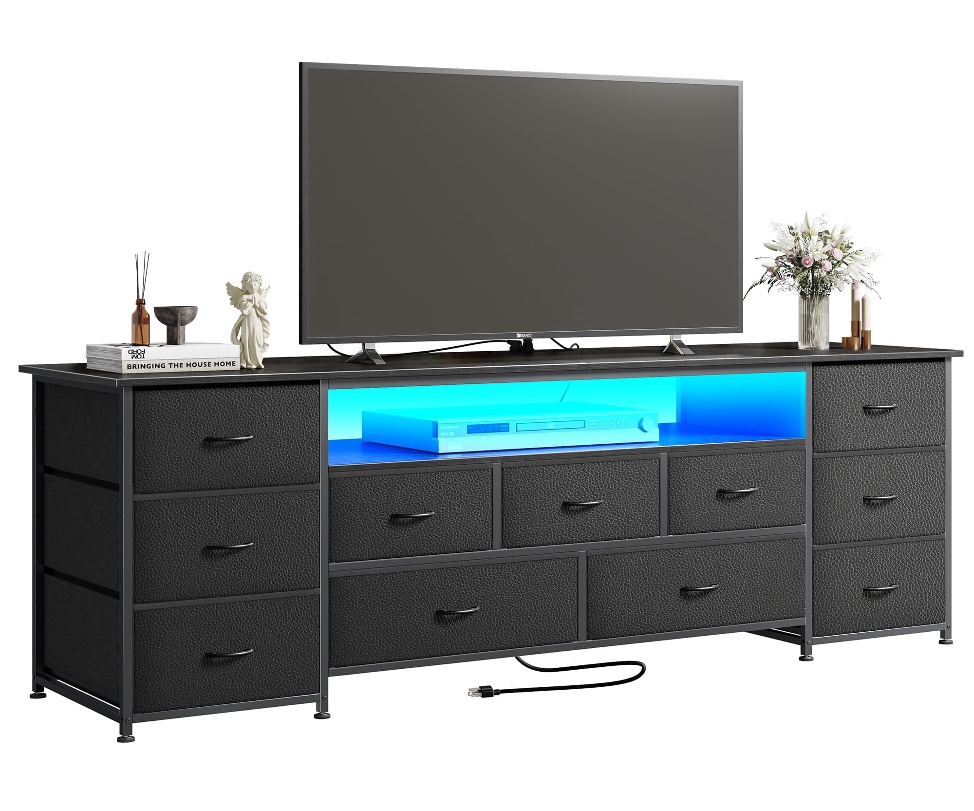Amadwell Large TV Stand for 75, 80 Inch TVs, 11 Drawer Long Dresser with Power Outlets & LED Lights, 70 inch Entertainment Center