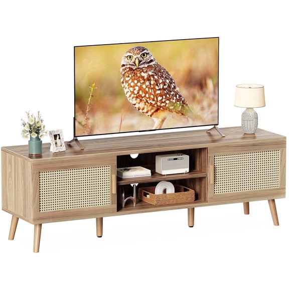 Amadwell Rattan TV Stand For 65\" TVS, Boho Rattan Entertainment Center with Adjustable Shelf, 2 Cabinet Rattan TV Console, Media Console with Solid Wood Feet and 4 Cord Holes, Living Room - Walnut