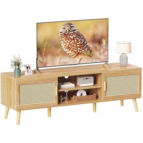 Amadwell Rattan TV Stand for 60" TVs, Adjustable Shelf, Natural Living Room Entertainment Center