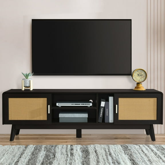 TV Stands With Storage 63'' Dark Rattan TV Stand with 2 Storage Cabinets for 65 Inch TV, Entertainment Center with Solid Wood Legs, Media Console Table for Living Room, Bedroom,Entertainment Centers