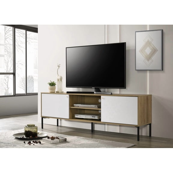 TV Stands With Storage, Burke 70"W White and Oak 2-Door TV Stand, White+Oak Wooden TV Stands,Wood Entertainment Centers, Furniture Primary Living Space TV & Entertainment Furniture Burke 70"W White a