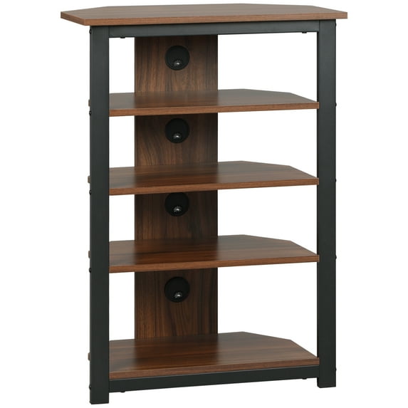 TV Stands With Storage HOMCOM TV Stand, AV Media Stand, Corner Audio Tower with Storage Shelves and Steel Frame, Living Room Storage, Brown,Wooden TV Stands