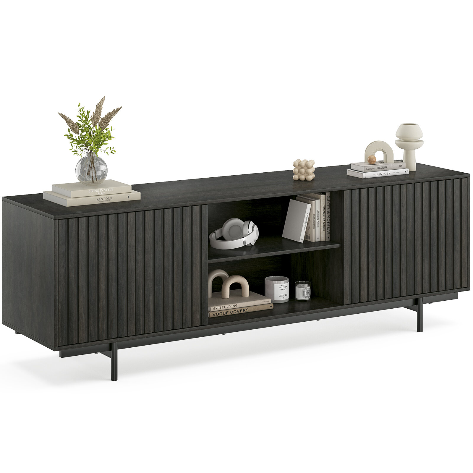 TV Stands With Storage Mid Century Modern TV Stand for TVs Up to 75", Farmhouse Fluted TV Stand, Retro Wood TV Stand with Storage and Shelf, Entertainment Center with Pop-Up Doors for Living Room, B