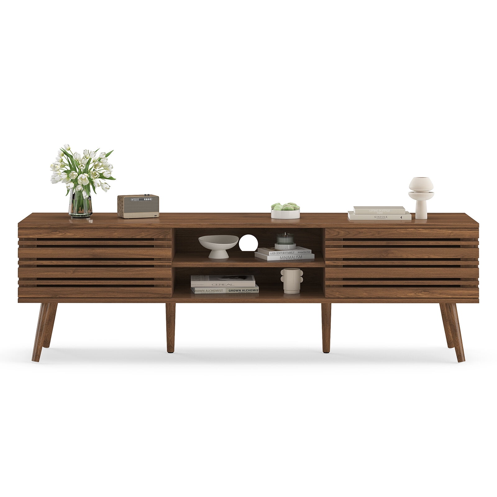 TV Stands With Storage Mid Century Modern TV Stands for up to 70" TV with Storage, Fluted Wood TV Stand for Living Room, Boho Media Console, Entertainment Center with Cable Management,Entertainment