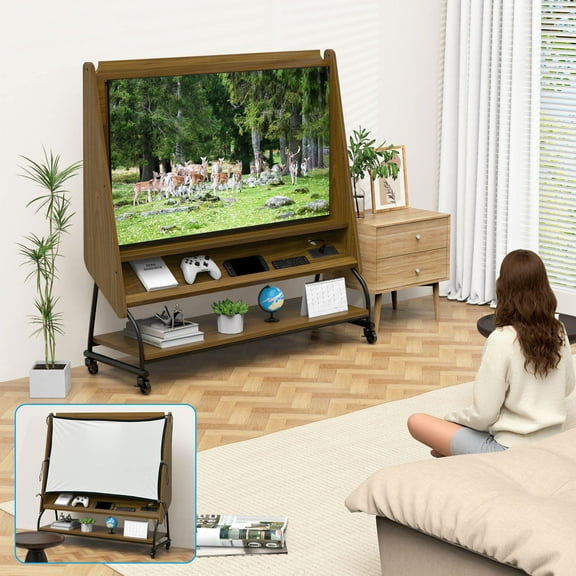 TV Stands With Storage Mobile TV Stand with Mount for 32-50" TV with Projector Screen & Power Outlets - Adjustable Rolling TV Cart, MDF Wood,Entertainment Centers