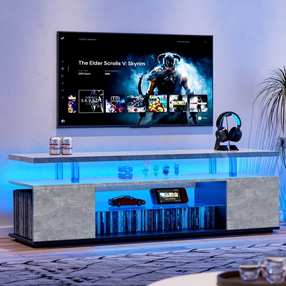 TV Stands With Storage TV Stand for 70 Inch TV LED Gaming Entertainment Center Media Storage Console Table with Large Side Cabinet for Living Room Gray,Wooden TV Stands