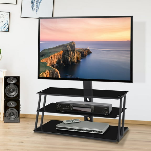 TV Stands With Storage Black Multi-Function Angle And Height Adjustable Tempered Glass TV Stand,Entertainment Centers
