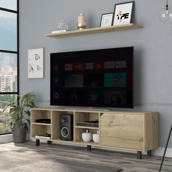 TV Stands With Storage Valdivia Tv Stand for TVs up 70", Four Open Shelves, Five Legs -Light Oak,Entertainment Centers