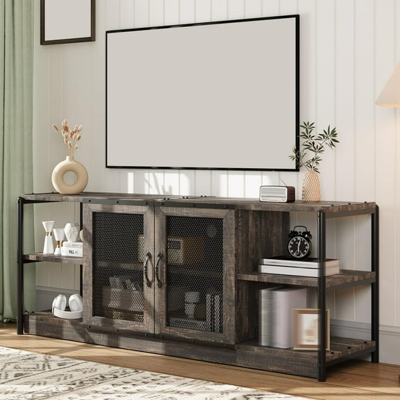 TV Stands for 65 Inch TV,Farmhouse TV Stand for Living Room,Heavy-Duty Steel Frame,Sliding Barn Doors Storage Cabinet,Deep Antique Oak
