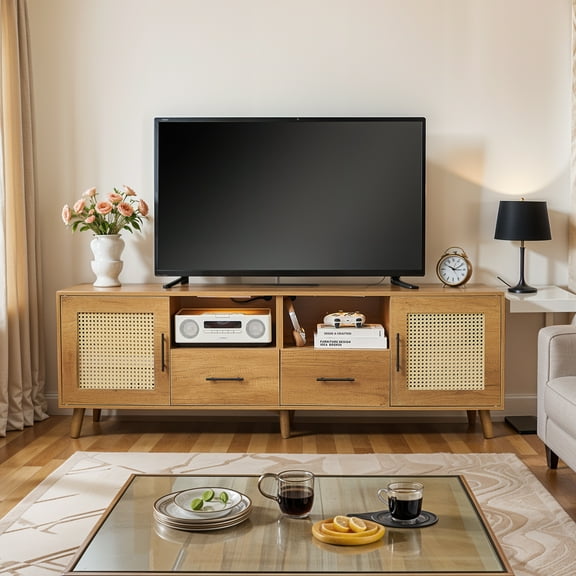 TV Stands for 80" TV, with Open Storage Shelf, Rattan Mid Century Modern Entertainment Center with Outlet, Drawers for Living Room, Wood