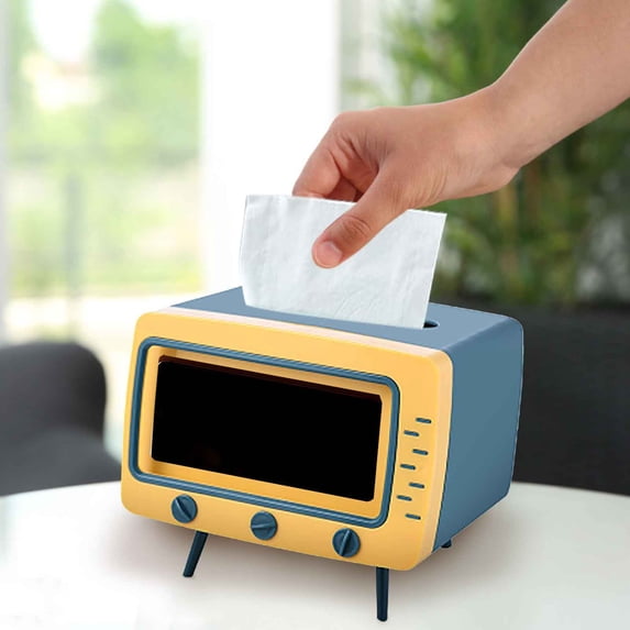 TV Tissue Box Holder, TV Shaped Tissue Box with Phone Stand, Retro Multifunctional Tissue Box Cover Desktop Tissue Dispenser for Living Room Kitchen Bedroom Office