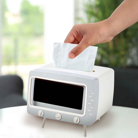 TV Tissue Box Holder, TV Shaped Tissue Box with Phone Stand, Retro Multifunctional Tissue Box Cover Desktop Tissue Dispenser for Living Room Kitchen Bedroom Office