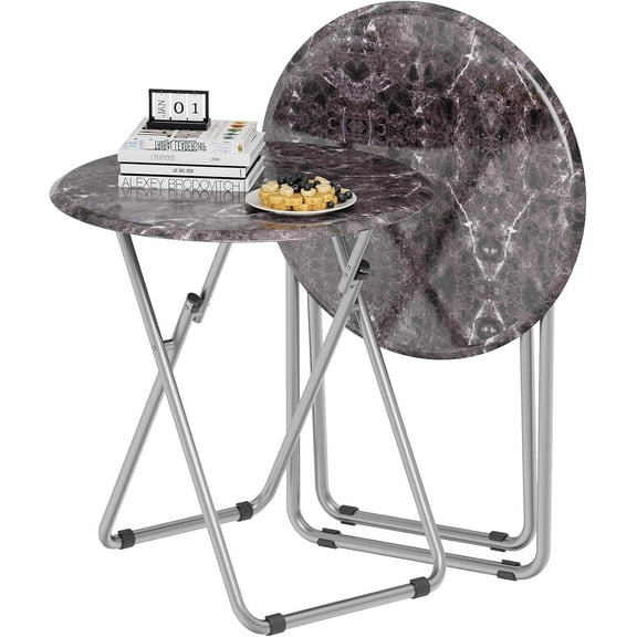 TV Tray Round Table, Small Foldable Table, Portable Dinner Table for Eating, Snack Side Trays Table Set of 2, No Assembly Required (Ocean Blue Marble, 2Pcs)