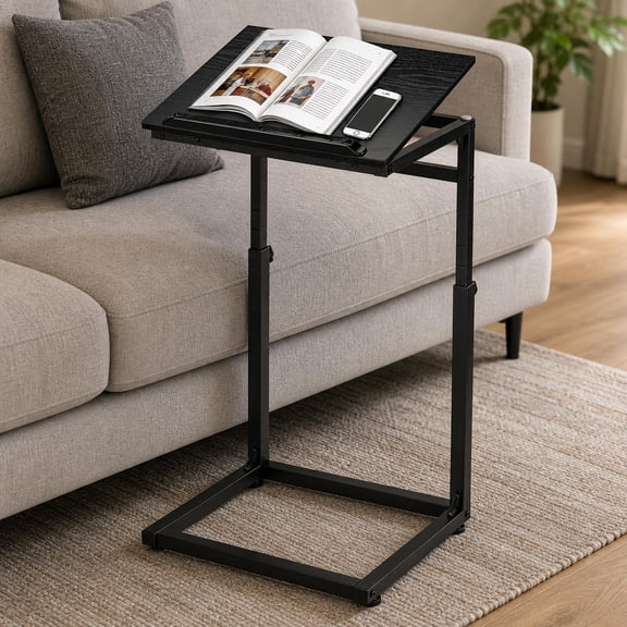 TV Tray Table, Adjustable Height & 0-60° Tilt C Table for Sofa | TV Dinner Tray Table & Couch Table for Eating, Reading and Laptop Use, Stopper Ledge, 15.75 x 11.81 in, Black