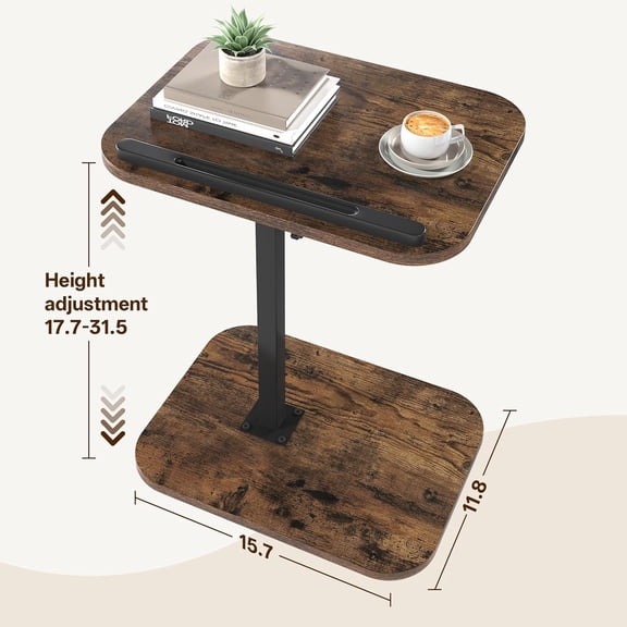 TV Tray Table, Adjustable Height, Flip-Top, Snack Side Table with 360 °   Swivel and 180 °   Tilt, C Shaped End Table for Couch, Sofa, Bed, Recliner, Brown