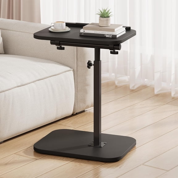 TV Tray Table, Adjustable Height, Flip-Top, Snack Side Table with 360° Swivel and 180° Tilt, C Shaped End Table for Couch, Sofa, Bed, Recliner, Black