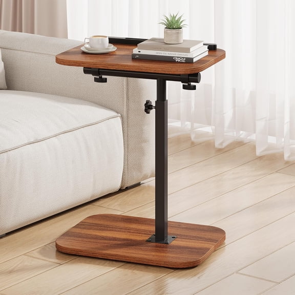 TV Tray Table, Adjustable Height, Flip-Top, Snack Side Table with 360 Swivel and 180 Tilt, C Shaped End for Couch, Sofa, Bed, Recliner, Walnut