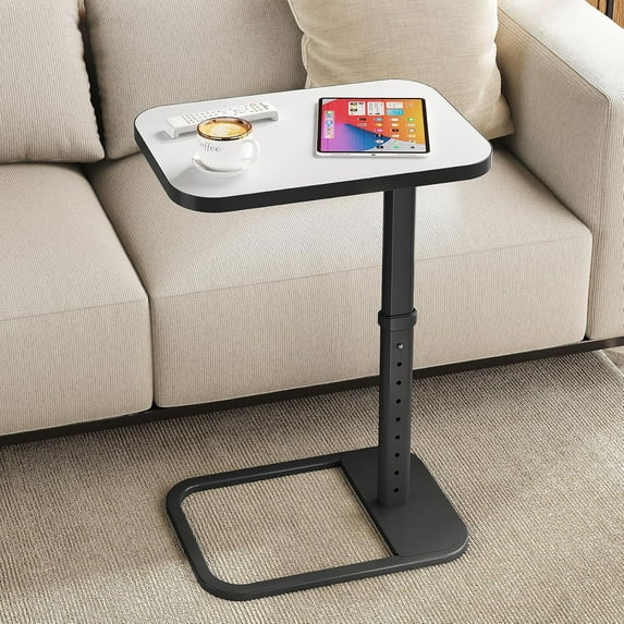 TV Tray Table, Adjustable Height & Rounded Metal Corners, Snack Table for Couch, Sofa, Bed, Chair, Living Room, C Shaped End Side Table for Eating, Dinner or Laptop, Small Spaces, White