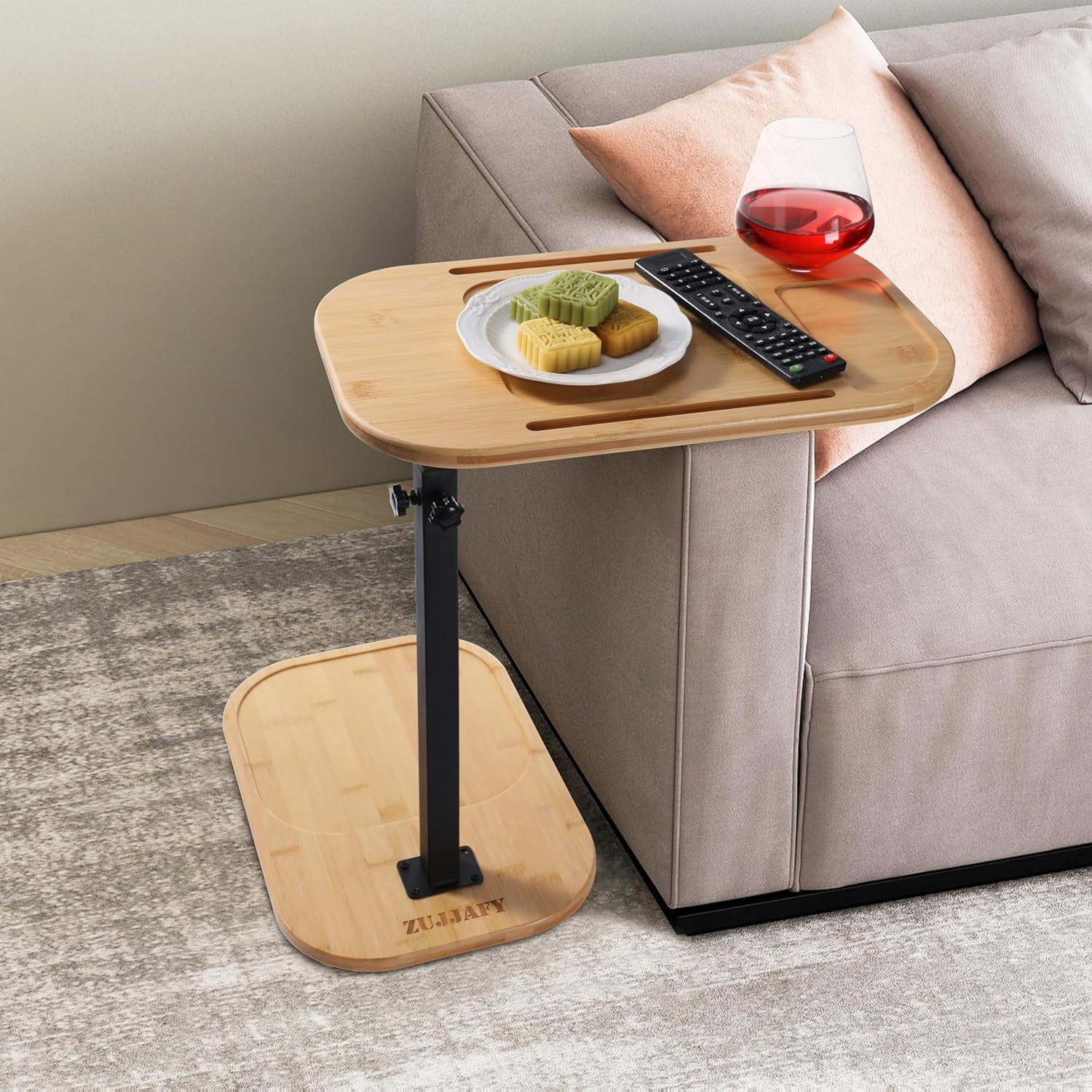 Adjustable Height C Table With Wheels - Swivel TV Tray, Snack Table For Couch, Bed, Bathtub - Black