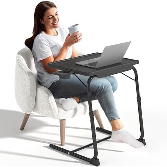 TV Tray Table, Adjustable TV Dinner Table for Eating on Couch with Cup Holder, Folding Table with 6 Height & 3 Tilt Angle Adjustments, Comfortable Laptop Stand for Bed & Sofa, Black