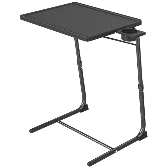 TV Tray Table, Adjustable TV Dinner Table for Eating on Couch with Cup Holder, Folding Couch Desk with 6 Height & 3 Tilt Angle Adjustments, Black